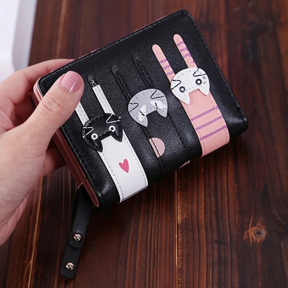 Cat wallet womens black pink coin money card accessories zipper pu leather